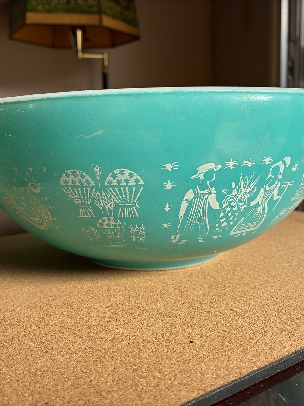 Pyrex Aqua Ceramic Mixing Bowl with White Farmhouse Motif